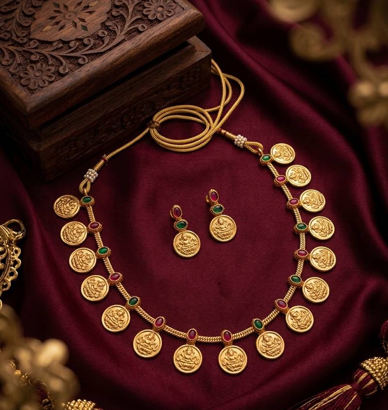 Traditional gold-plated temple lakshmi coin Necklace :: set with ruby & emerald accents
