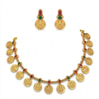 Traditional gold-plated temple lakshmi coin Necklace :: set with ruby & emerald accents 2