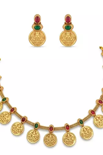 Traditional gold-plated temple lakshmi coin Necklace :: set with ruby & emerald accents