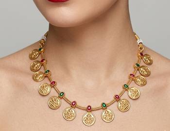 Traditional gold-plated temple lakshmi coin Necklace :: set with ruby & emerald accents 3