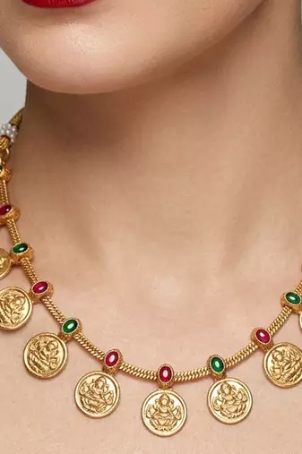 Traditional gold-plated temple lakshmi coin Necklace :: set with ruby & emerald accents