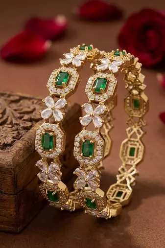 Exquisite emerald & diamond gold-plated floral kada bangles - handcrafted ethnic jewelry for weddings
