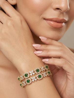 Exquisite emerald & diamond gold-plated floral kada bangles - handcrafted ethnic jewelry for weddings 2