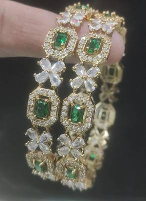 Exquisite emerald & diamond gold-plated floral kada bangles - handcrafted ethnic jewelry for weddings 4