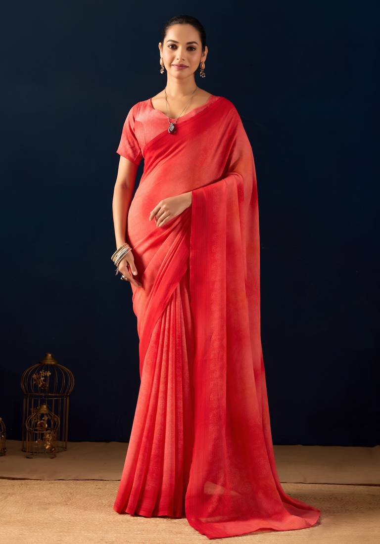 Red digital kalamkari print cotton silk festive elegent saree with blouse