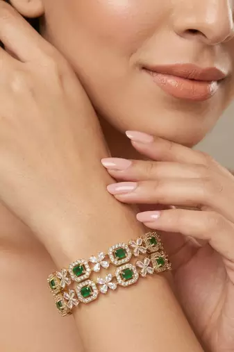 Exquisite emerald & diamond gold-plated floral kada bangles - handcrafted ethnic jewelry for weddings