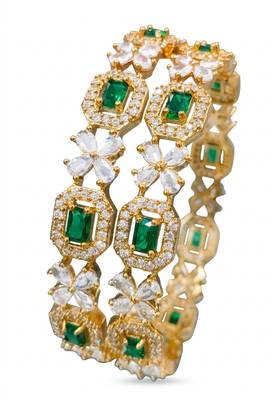 Exquisite emerald & diamond gold-plated floral kada bangles - handcrafted ethnic jewelry for weddings 3