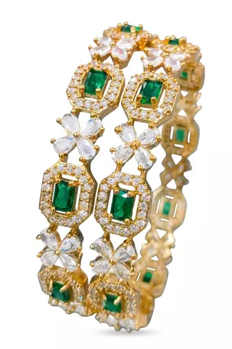Exquisite emerald & diamond gold-plated floral kada bangles - handcrafted ethnic jewelry for weddings