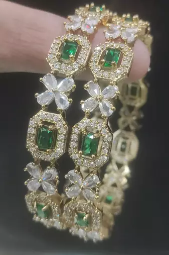 Exquisite emerald & diamond gold-plated floral kada bangles - handcrafted ethnic jewelry for weddings