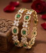 Exquisite emerald & diamond gold-plated floral kada bangles - handcrafted ethnic jewelry for weddings