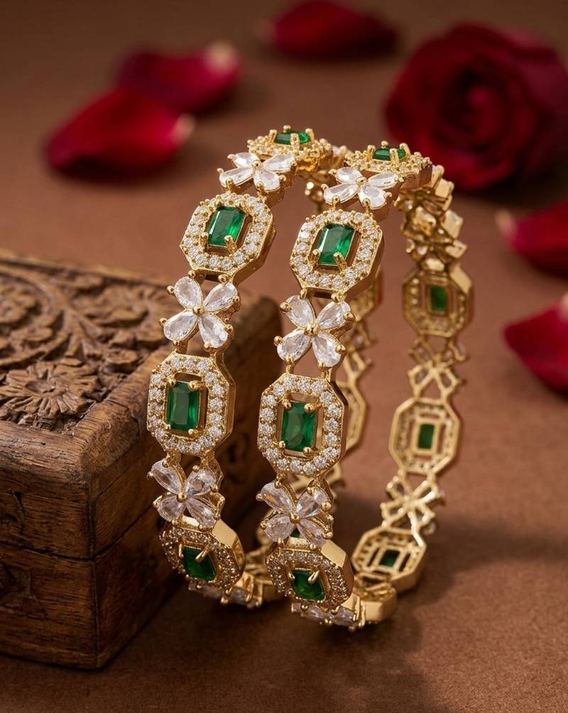 Exquisite emerald & diamond gold-plated floral kada bangles - handcrafted ethnic jewelry for weddings