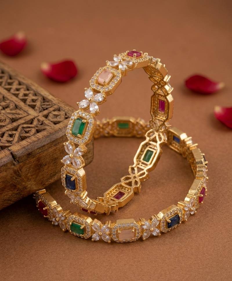 Exquisite emerald & diamond gold-plated floral kada bangles - handcrafted ethnic jewelry for weddings