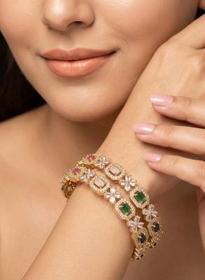 Exquisite emerald & diamond gold-plated floral kada bangles - handcrafted ethnic jewelry for weddings 2