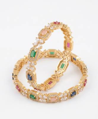 Exquisite emerald & diamond gold-plated floral kada bangles - handcrafted ethnic jewelry for weddings 3