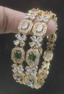 Exquisite emerald & diamond gold-plated floral kada bangles - handcrafted ethnic jewelry for weddings 4
