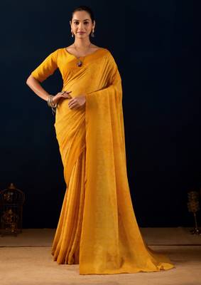 Yellow digital kalamkari print cotton silk festive elegent saree with blouse 1