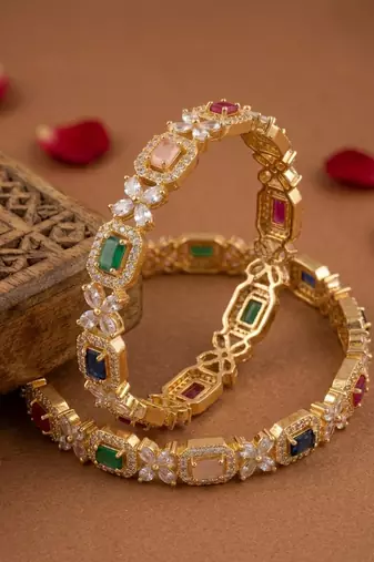 Exquisite emerald & diamond gold-plated floral kada bangles - handcrafted ethnic jewelry for weddings