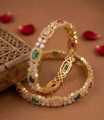 Exquisite emerald & diamond gold-plated floral kada bangles - handcrafted ethnic jewelry for weddings