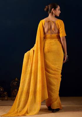 Yellow digital kalamkari print cotton silk festive elegent saree with blouse 2