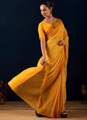 Yellow digital kalamkari print cotton silk festive elegent saree with blouse 3