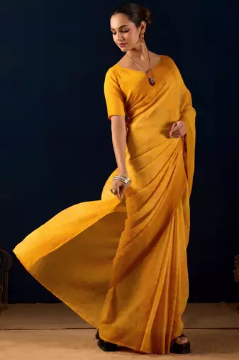 Yellow digital kalamkari print cotton silk festive elegent saree with blouse