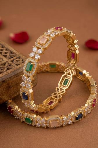 Exquisite emerald & diamond gold-plated floral kada bangles - handcrafted ethnic jewelry for weddings