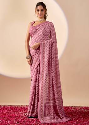 purple digital floral print chiffon festive ethnic saree with blouse 1