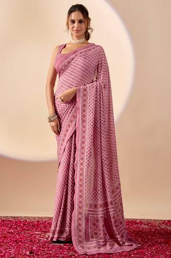purple digital floral print chiffon festive ethnic saree with blouse