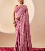 purple digital floral print chiffon festive ethnic saree with blouse