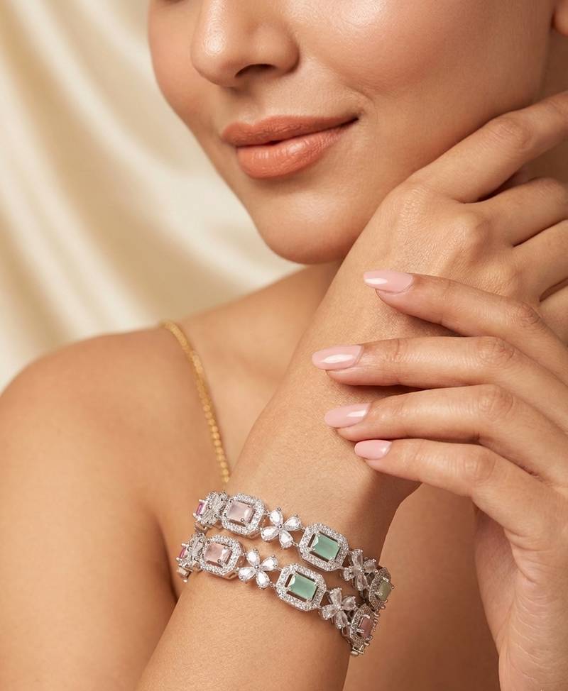 Exquisite emerald & diamond gold-plated floral kada bangles - handcrafted ethnic jewelry for weddings