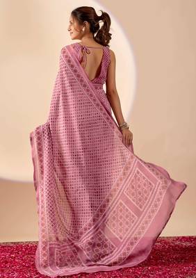 purple digital floral print chiffon festive ethnic saree with blouse 2
