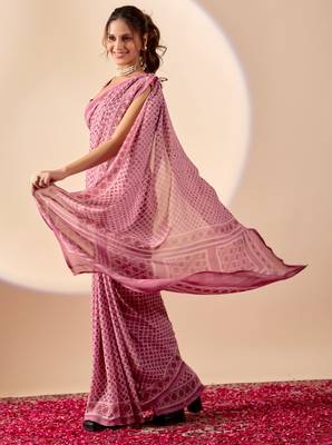 purple digital floral print chiffon festive ethnic saree with blouse 3