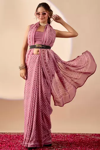 purple digital floral print chiffon festive ethnic saree with blouse