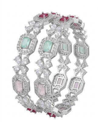 Exquisite emerald & diamond silver-plated floral kada bangles - handcrafted ethnic jewelry for weddings 3