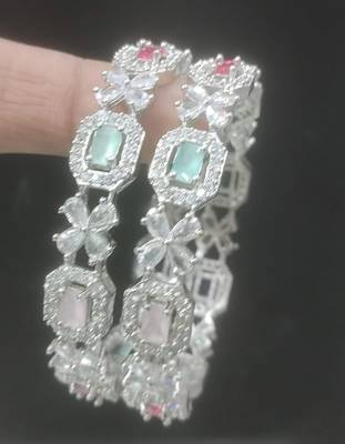 Exquisite emerald & diamond silver-plated floral kada bangles - handcrafted ethnic jewelry for weddings 4