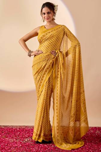 yellow digital floral print chiffon festive ethnic saree with blouse