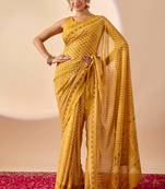 yellow digital floral print chiffon festive ethnic saree with blouse