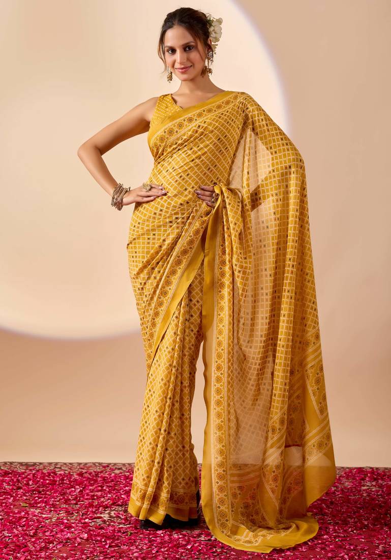 yellow digital floral print chiffon festive ethnic saree with blouse