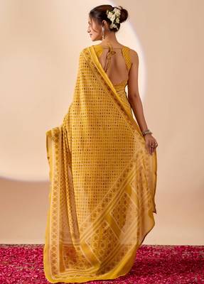 yellow digital floral print chiffon festive ethnic saree with blouse 2
