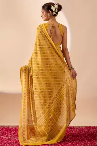 yellow digital floral print chiffon festive ethnic saree with blouse