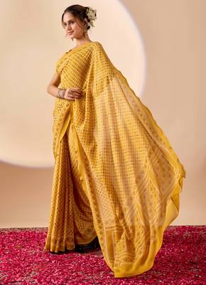 yellow digital floral print chiffon festive ethnic saree with blouse 3