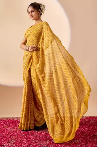 yellow digital floral print chiffon festive ethnic saree with blouse