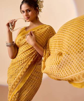 yellow digital floral print chiffon festive ethnic saree with blouse 4