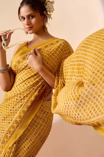 yellow digital floral print chiffon festive ethnic saree with blouse