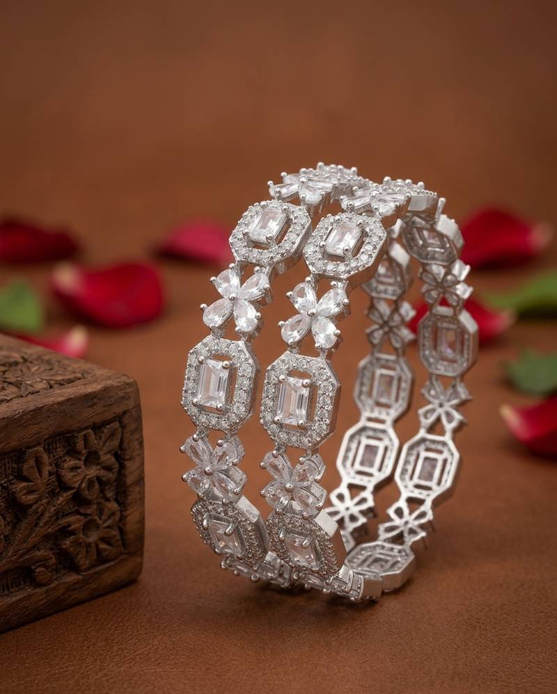 Exquisite emerald & diamond silver-plated floral kada bangles - handcrafted ethnic jewelry for weddings
