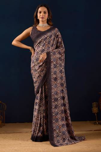 Purple geometric print silk festive ethnic saree with blouse