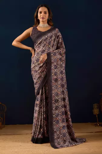 Purple geometric print silk festive ethnic saree with blouse