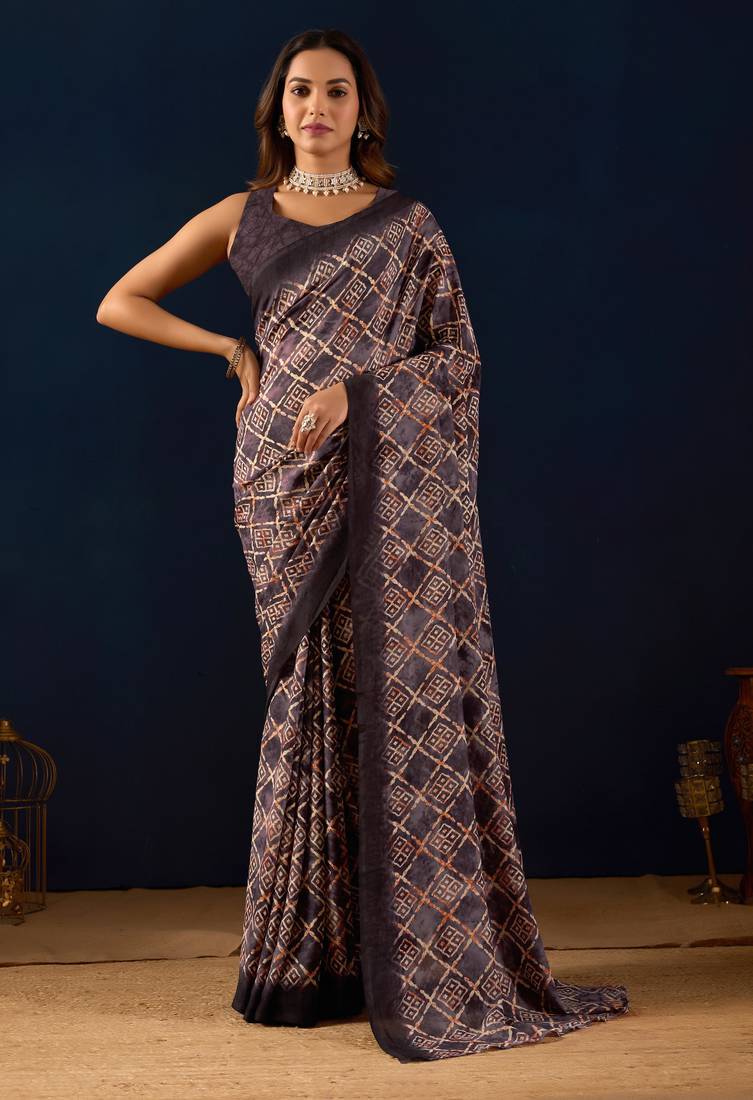 Purple geometric print silk festive ethnic saree with blouse