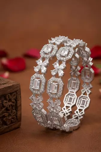 Exquisite emerald & diamond silver-plated floral kada bangles - handcrafted ethnic jewelry for weddings