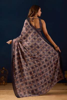 Purple geometric print silk festive ethnic saree with blouse 2